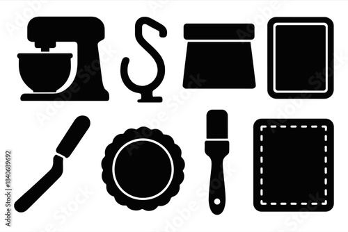 Brutalist Bakery Icons. Bakery prep tools silhouette set: stand bowl, dough hook, bench scraper, baking sheet, offset spatula, tart pan, pastry brush, oven liner.