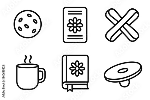 Employee Wellbeing Icons. Employee Wellbeing Tools linear set: stress ball, breathing guide card, stretch band, tea mug, wellness journal, balance board.