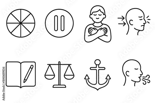 Coping Skills Icons. Coping Skills Set linear set: emotion wheel, gentle pause symbol, self-soothing gesture, stress release arrows, reflection journal, balanced scale, comfort