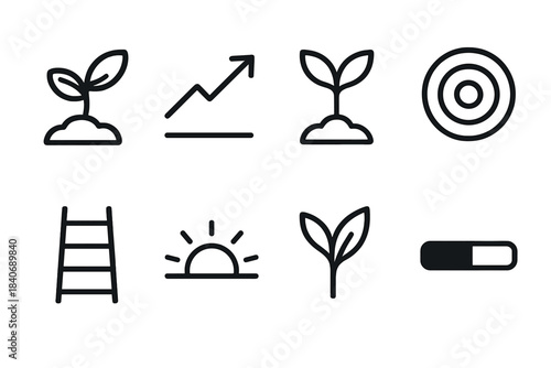 Minimalist Growth Icons. Growth Icons Set linear set: sprouting seed, rising arrow, young plant, expanding circles, ladder step, sunrise arc, budding leaf, progress bar.