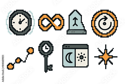 Time Shift Icons. Time Shift Symbols pixel style set: ripple clock, paradox loop, epoch marker, shifting dial, timeline path, chrono key, phase window, drift spark.