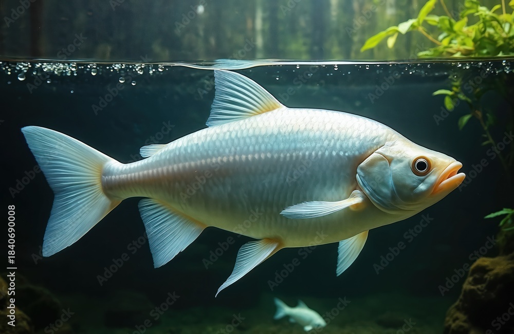 Naklejka premium Rare platinum arowana swims in clear aquarium water. This exotic fish displays pearly scales and an elegant form. Another small fish is visible in background. Aquatic life closeup.