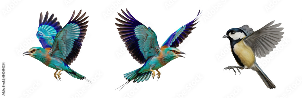 Ταπετσαρία European Roller (Coracias garrulus) and Great Tit (Parus major) flight sequence, isolated on white