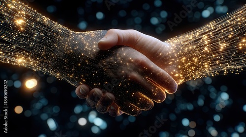 Smart Contracts Solar Wind Digital Connection Concept with Hands Shaking in Sparkling Lights