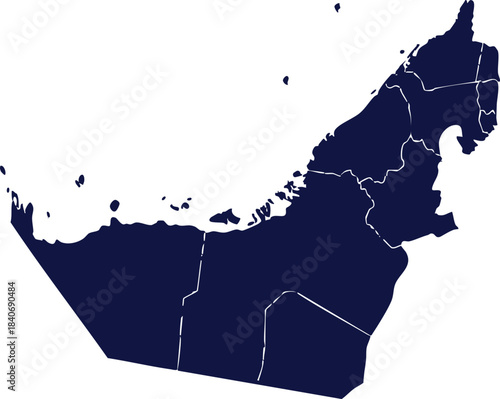 Map of the United Arab Emirates a dark blue silhouette with internal borders isolated on a white background for geographic concepts