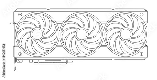 outline illustration of a GPU computer graphics card with three cooling fans. A video card for a modern gaming PC, a component for building or upgrading a computer.