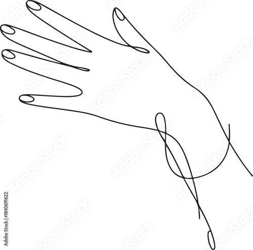 Continuous line art illustration of a hand performing a soft set in a minimal contour drawing