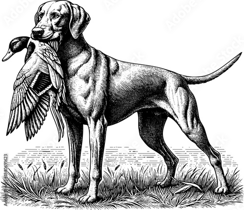 Hunting dog holding retrieved duck in mouth in grassy field engraving logo for hunting club