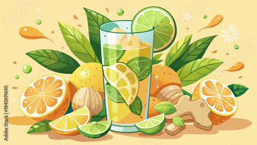 Very beautiful watercolor artwork of a refreshing ginger lime drink featuring citrus slices, mint, and sparkling accents. Designed for vector beverage graphics, summer menus, organic drink branding, 