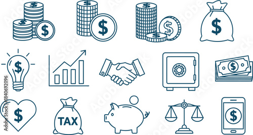 Hand drawn business and finance icons set with sketchy style for modern design