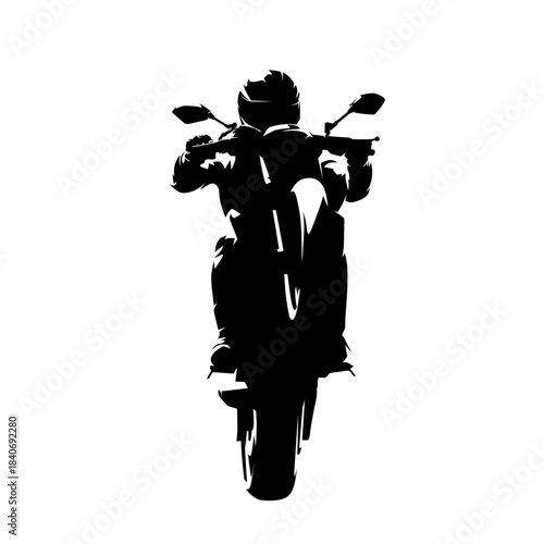 High contrast vector illustration of a motorcycle rider performing a front view wheelie stunt at high speed, isolated on white background.