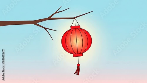 Animated Chinese Paper Lantern Swaying Gently on a Branch.
