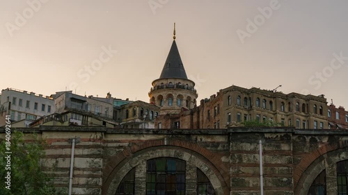 Timelapse of Galata Tower at sunset in Istanbul, Turkey