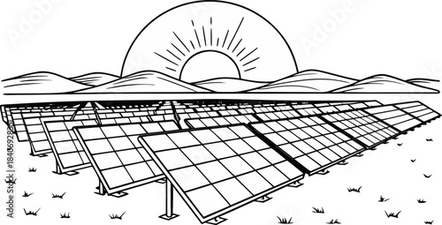 golden hour drone shot of solar panel farm in dese