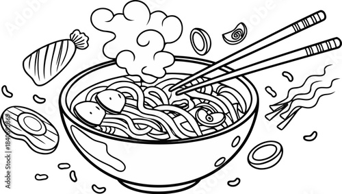 japanese ramen bowl with chopsticks steam and ing