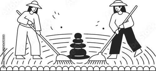 isometric tiny people maintaining japanese zen roc