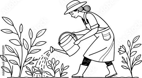 line art female gardener watering plants with vint