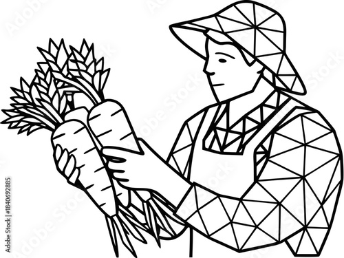 low poly geometric gardener holding fresh carrots