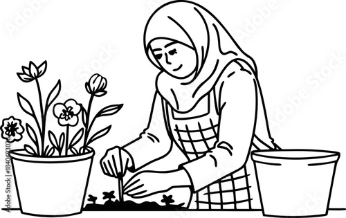 watercolor illustration of woman with hijab planti
