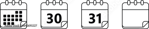 Four black and white calendar icons showing dates 30 and 31 number vector