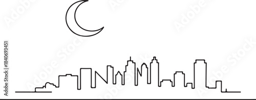 Continuous Line Skyline with a Moon Curve Floating Above Minimal Artistic Illustration