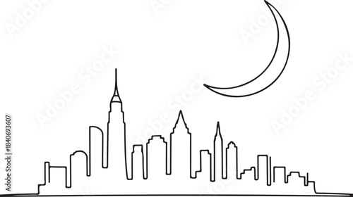 Continuous Line Skyline with a Moon Curve Floating Above Minimal Artistic Illustration