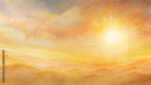 Shining desert landscape golden beige orange tones hot sun sky rays light illuminating sand dunes watercolor texture background