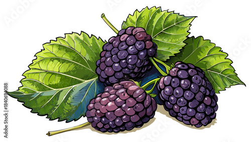 Very beautiful close-up watercolor depiction of ripe black mulberries with detailed leaves, showcasing natural texture and rich color. Excellent for botanical vectors, organic food themes, and decorat