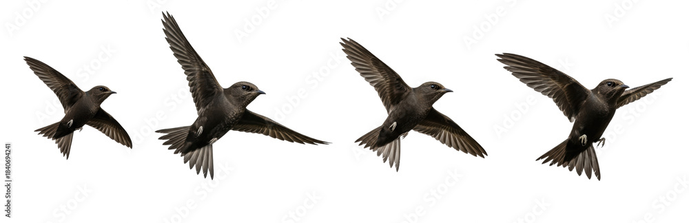 Obraz premium Purple Martin Progne subis isolated on white, four birds flying soaring wings spread collection wildlife nature songbird set collage cutout