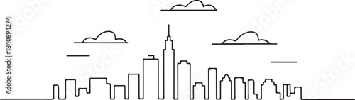 Continuous Line Skyline with Small Negative Space Windows in a Minimal Artistic Illustration