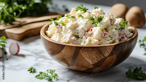 Fototapeta Naklejka Na Ścianę i Meble -  Elegant Wooden Bowl with Tasty Russian Salad on Marble Surface