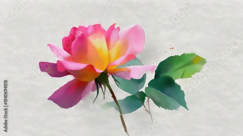 Beautiful flower with pink and yellow petals on a green stem, set against a light background during daylight hours in a natural setting