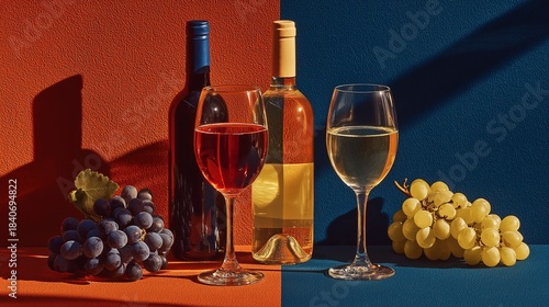Colorful display of bottles and glasses with red and white wine beside grapes on a table in a bright setting during the day