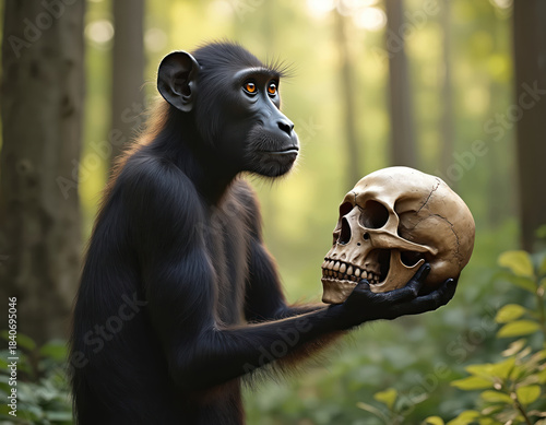 Primate holds human skull in forest setting. Monkey looks thoughtfully at bone. Symbol of life, death, evolution, ancestral past, and human existence.
