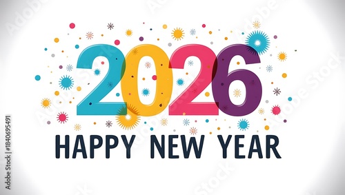 Colorful 2026 Happy New Year Greeting Card with Festive Confetti Design