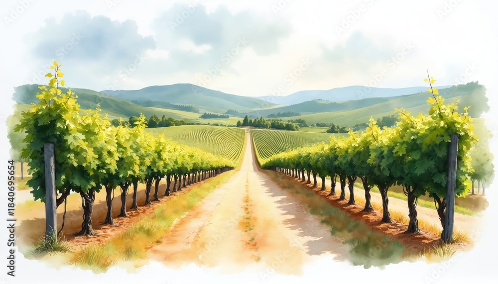 Obraz premium Watercolor painting of vineyard with rows of grapevines on both sides of dirt road. Green hills and mountains in background. Cloudy sky above. Scenic landscape with rolling hills.