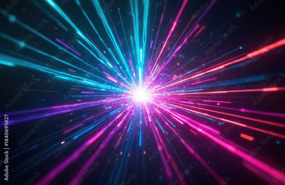 Obraz premium Bright light burst with colorful rays spreads across dark space. Blue, pink, purple energy streaks move fast, creating dynamic motion. Represents data flow, future tech, global innovation, digital.
