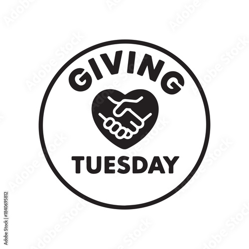 Black and White Tuesday Giving Logo with Heart and Handshake Partnership Symbol. 