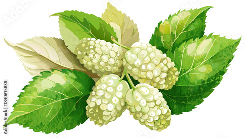 Very beautiful watercolor illustration of soft white mulberries with lush green leaves, presented on a clean background. Perfect for botanical vector sets, organic product visuals, and natural food-