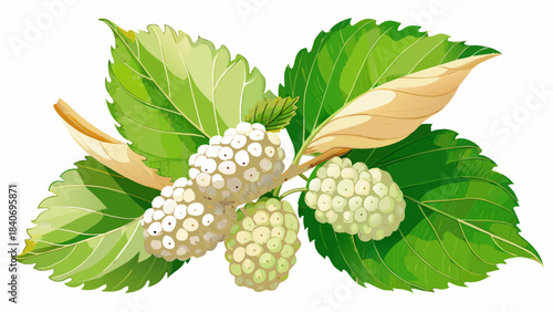 Very beautiful watercolor illustration of soft white mulberries with lush green leaves, presented on a clean background. Perfect for botanical vector sets, organic product visuals, and natural food-