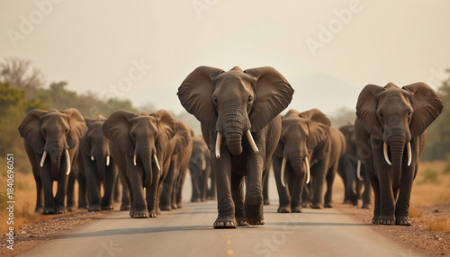 A herd of elephants walk down a road in Africa during the dry season. Several elephants are visible in the frame, moving towards the camera with tusks prominent. Wildlife safari scene.