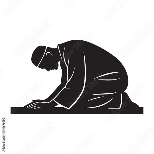 Black Silhouette of a Man Kneeling and Praying in a Traditional Garment. 