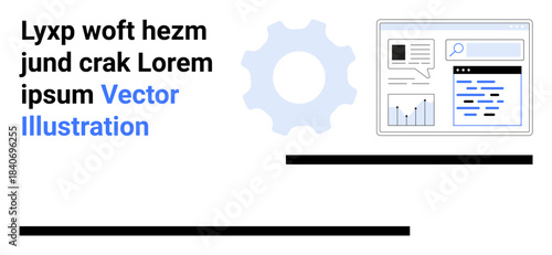 Data visualization, content management, SEO, digital marketing, analytics, and UI design. Gear icon with a web page showing graphs and text. Data visualization and content management theme