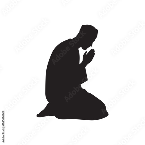 Black Silhouette of a Man Kneeling and Praying in a Traditional Garment. 