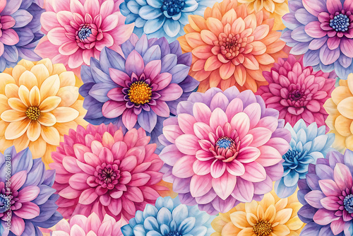 Watercolor dahlia flower arrangement in a vibrant colorful seamless pattern for backgrounds