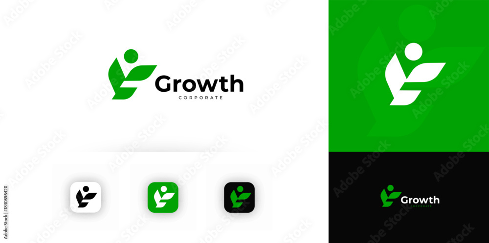 Obraz premium Growth Green Logo. Financial Economy Technology. Business Digital Transformation Grow Up. Nature Sprout Leaf Icon. Agriculture Natural Plant Company. Modern Geometric Emblem. Vector Illustration
