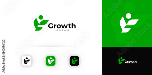 Growth Green Logo. Financial Economy Technology. Business Digital Transformation Grow Up. Nature Sprout Leaf Icon. Agriculture Natural Plant Company. Modern Geometric Emblem. Vector Illustration