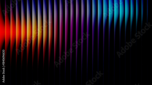 neon reeded glass stripes, abstract blue red wavy vertical light bars background on black