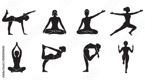 Silhouettes of people performing various yoga poses in a grid arrangement
