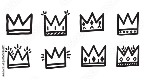 Collection of hand drawn crowns in various styles and decorative patterns
